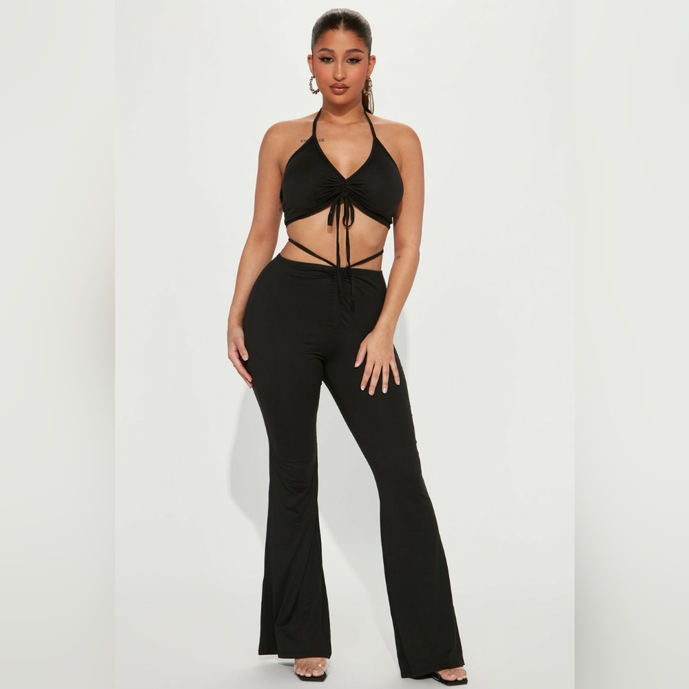 Fashionnova 2 Piece Matching Pant Set Black Front Tie Ruched FN Flare Cute